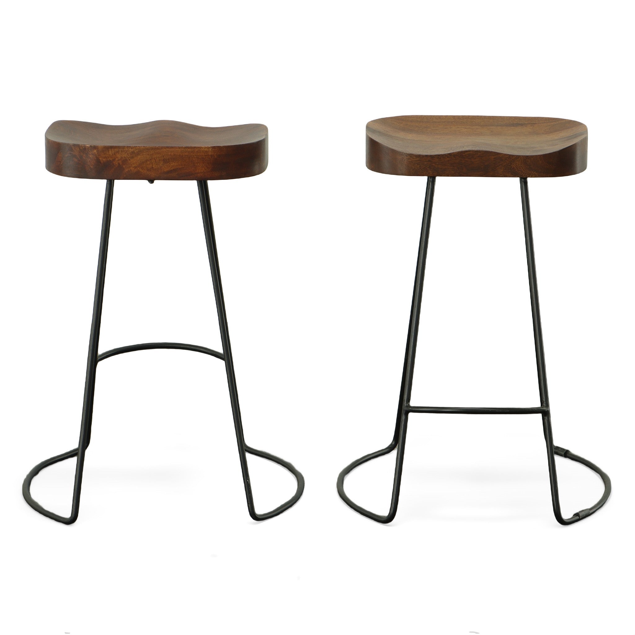 Set of Two 25" Chestnut And Black Solid Wood And Steel Backless Counter Height Bar Chairs - Living Room