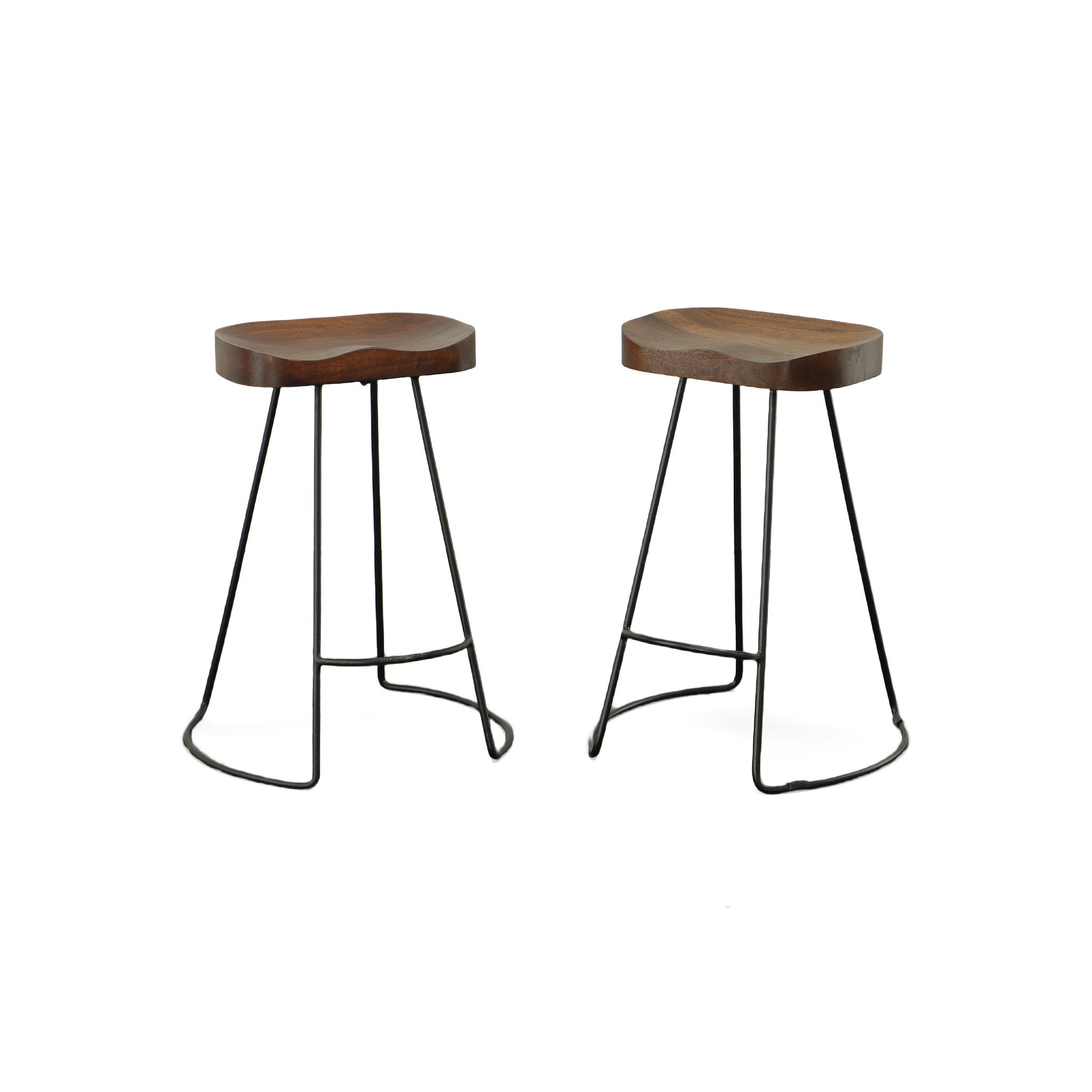 Set of Two 25" Chestnut And Black Solid Wood And Steel Backless Counter Height Bar Chairs - Living Room
