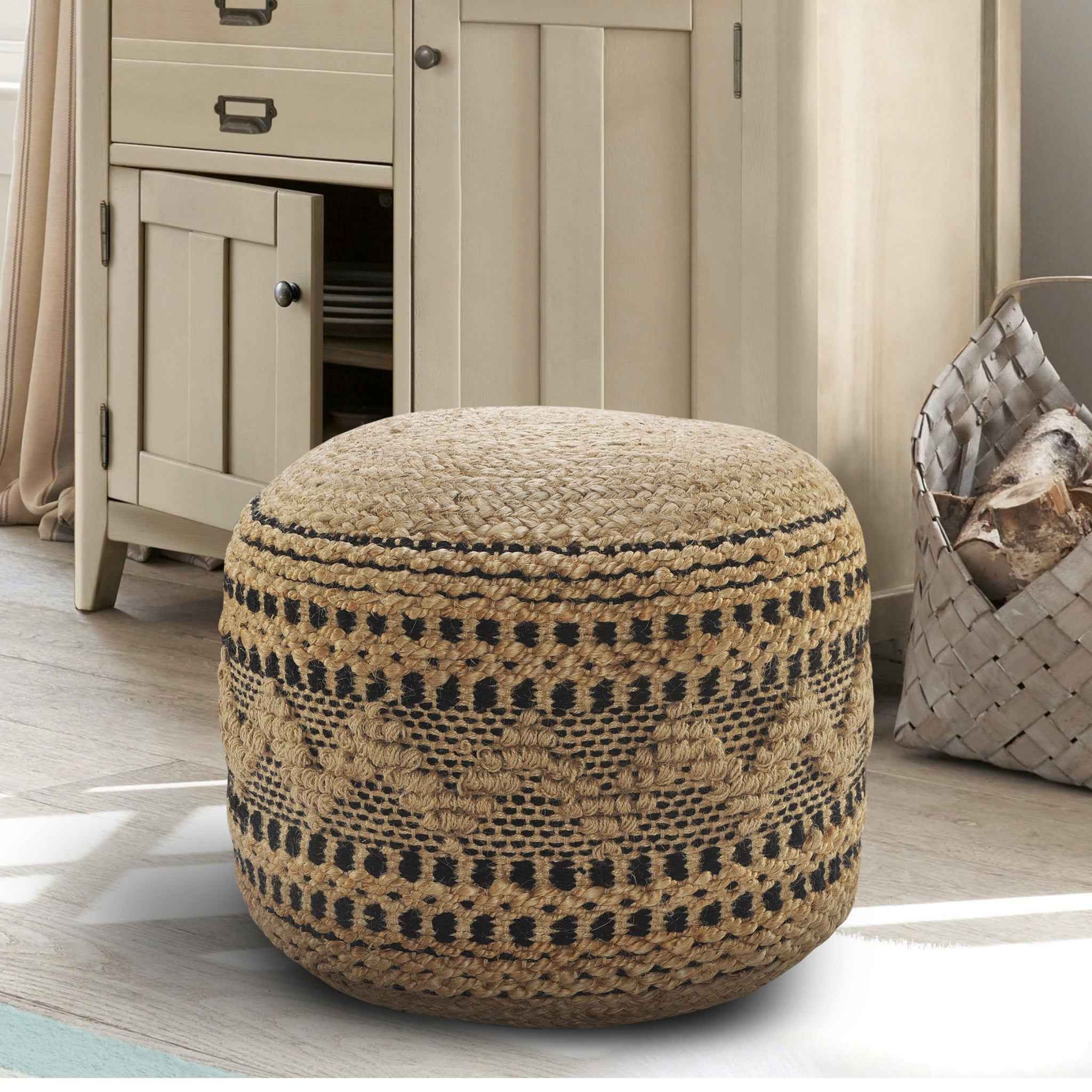 18" Tan Geometric Pouf Ottoman
