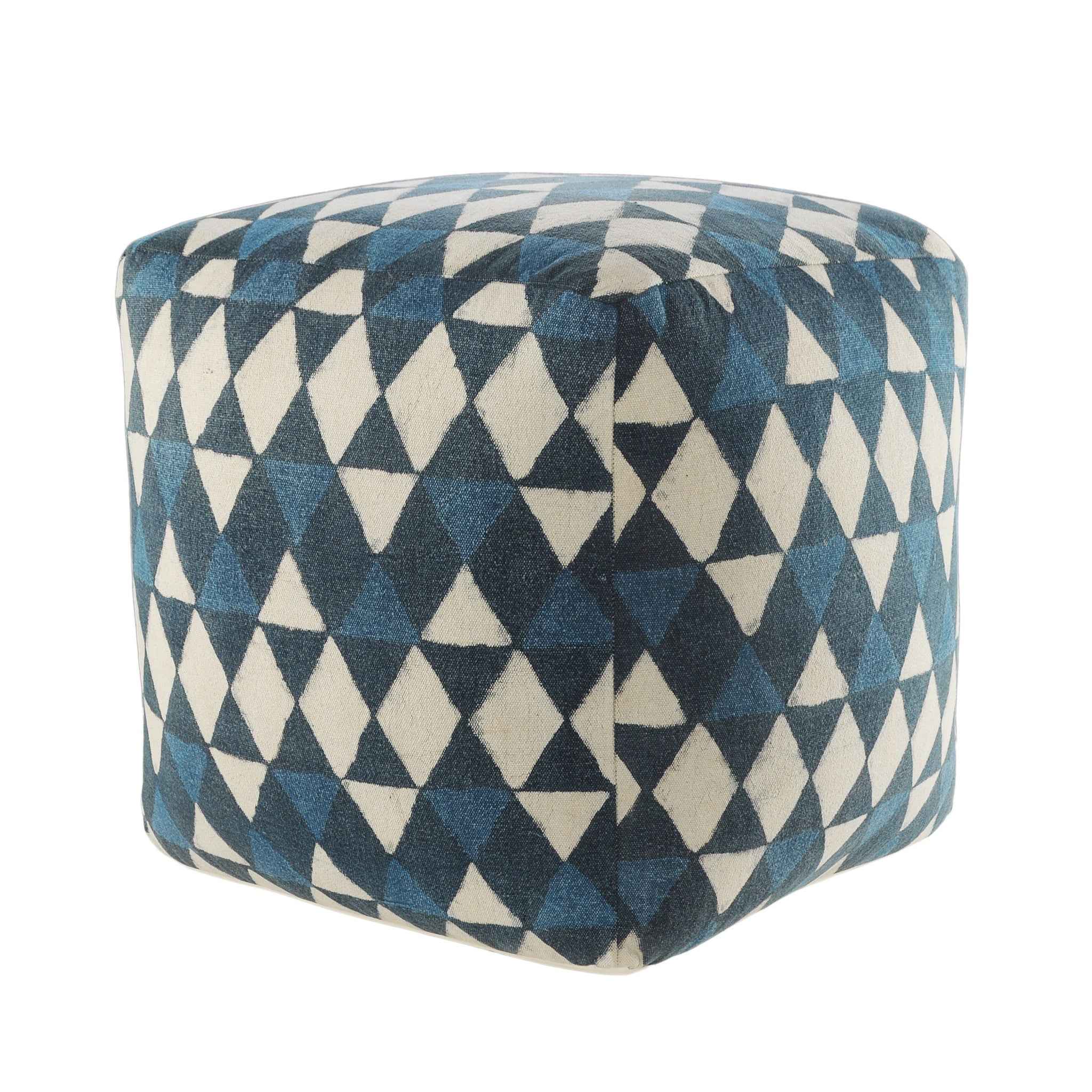 20" Blue Cotton Geometric Pouf Ottoman
