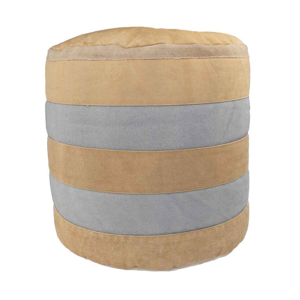 16" Tan Cotton Cylinder Striped Pouf Ottoman