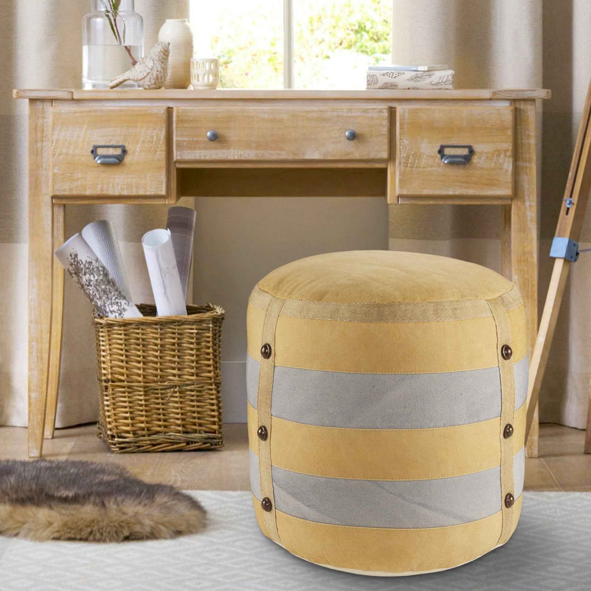 16" Tan Cotton Cylinder Striped Pouf Ottoman