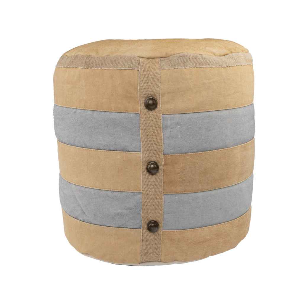 16" Tan Cotton Cylinder Striped Pouf Ottoman