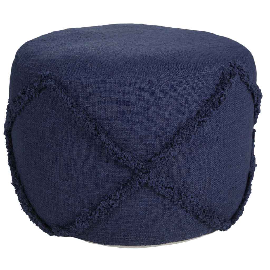 18" Blue Cotton Cylinder Geometric Pouf Ottoman