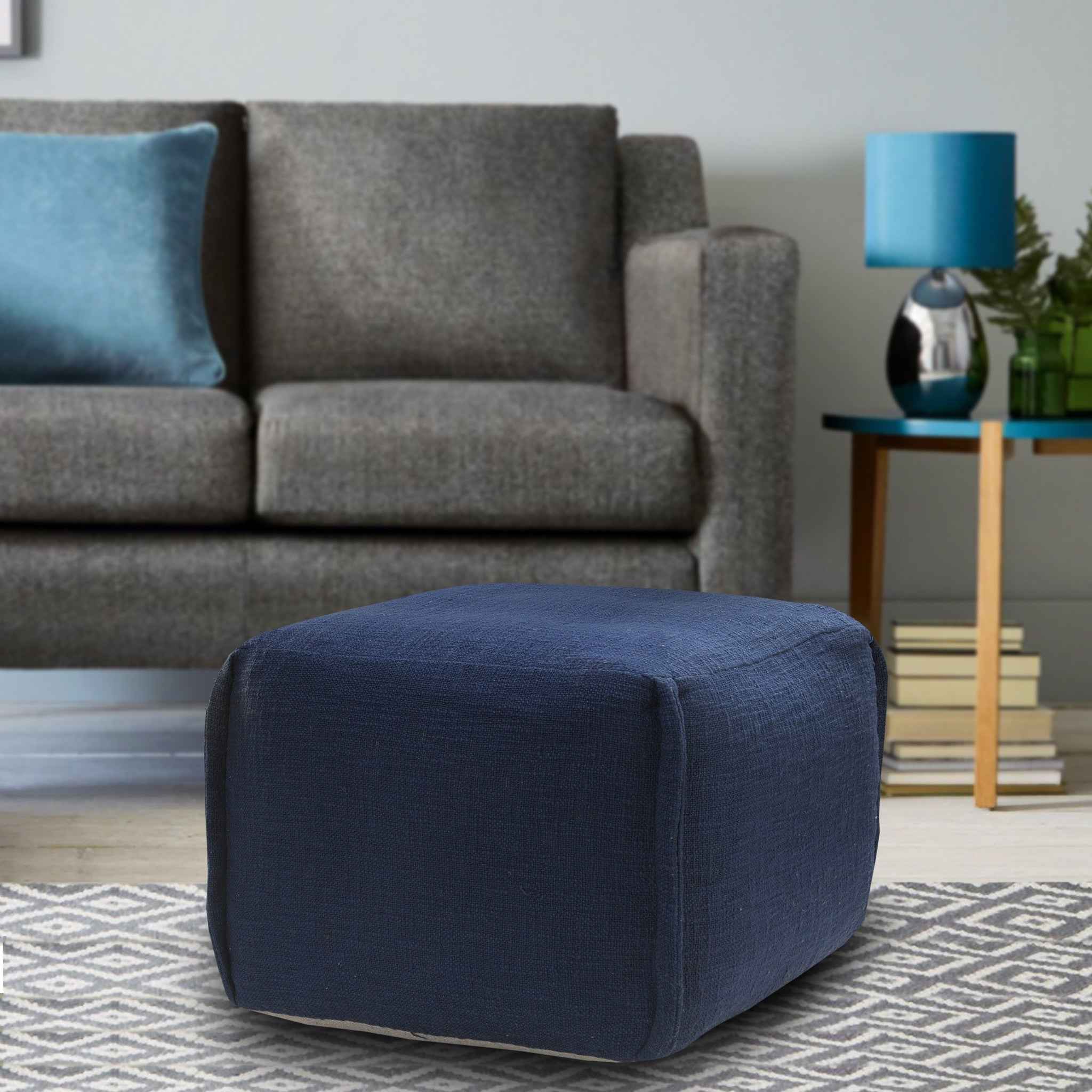 18" Blue Cotton Patchwork Pouf Ottoman