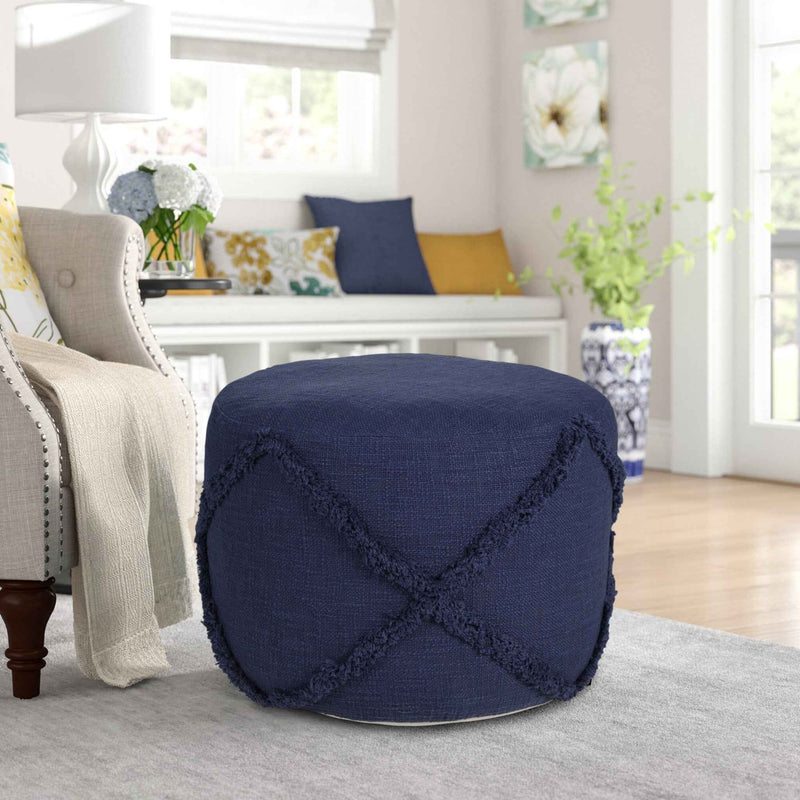 18" Blue Cotton Cylinder Geometric Pouf Ottoman