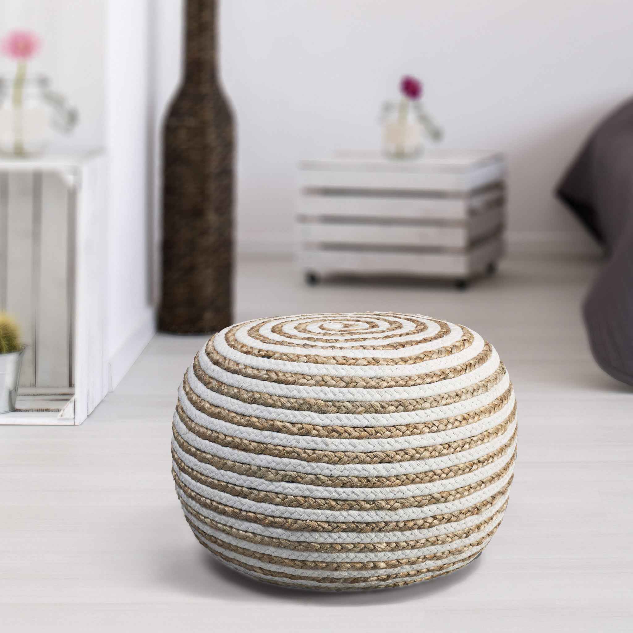 20" White Cotton Blend Round Striped Pouf Ottoman