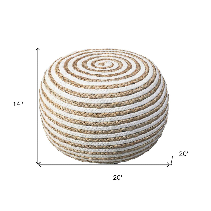 20" White Cotton Blend Round Striped Pouf Ottoman