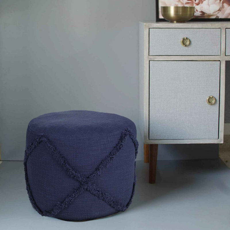 18" Blue Cotton Cylinder Geometric Pouf Ottoman