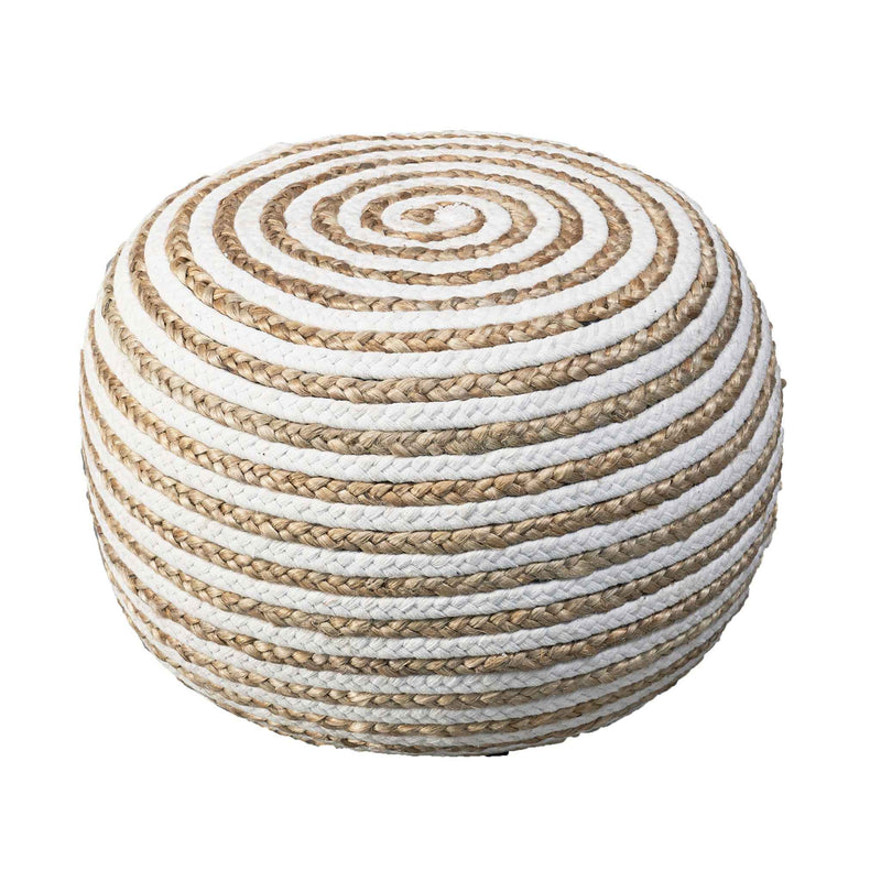 20" White Cotton Blend Round Striped Pouf Ottoman