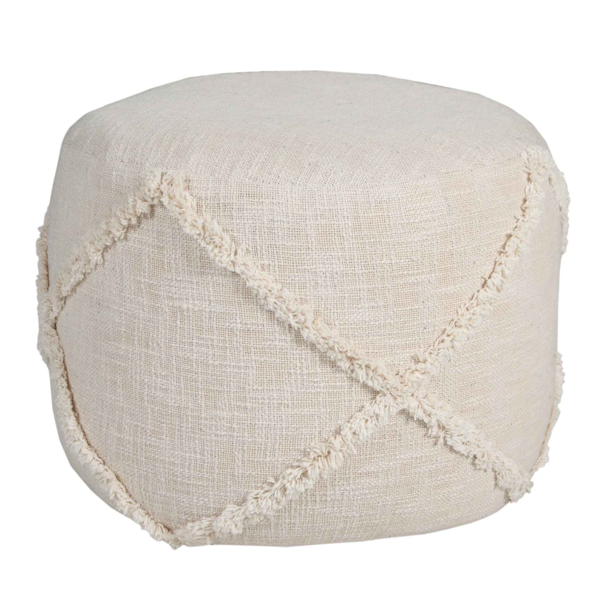 18" Cream Cotton Cylinder Geometric Pouf Ottoman