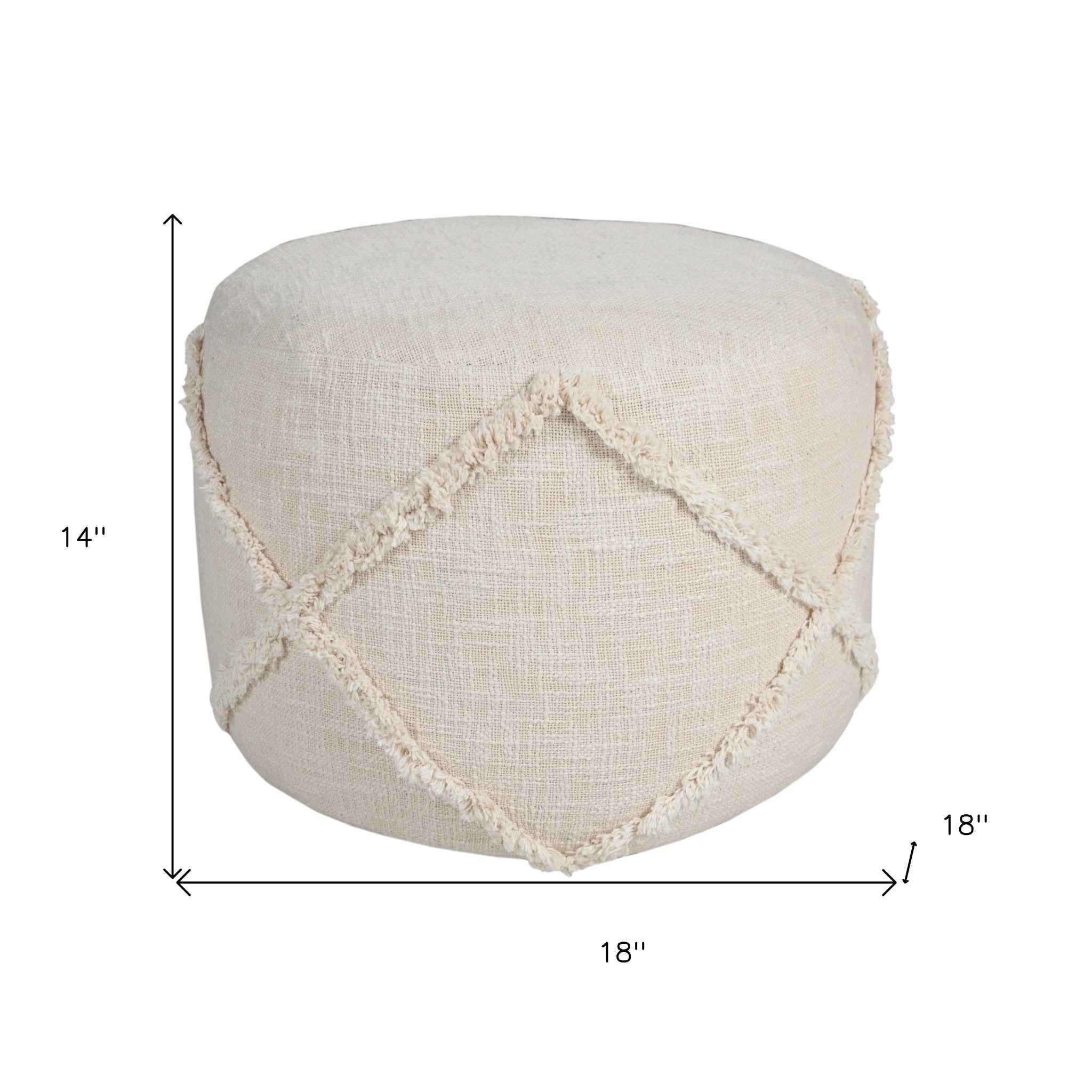 18" Cream Cotton Cylinder Geometric Pouf Ottoman