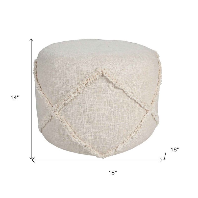 18" Cream Cotton Cylinder Geometric Pouf Ottoman