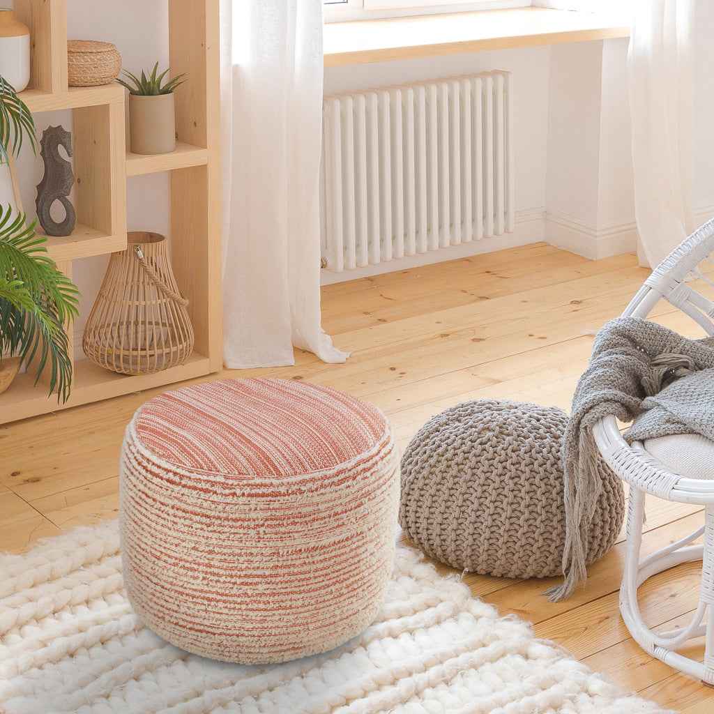 18" Pink Fabric Cylinder Striped Pouf Ottoman