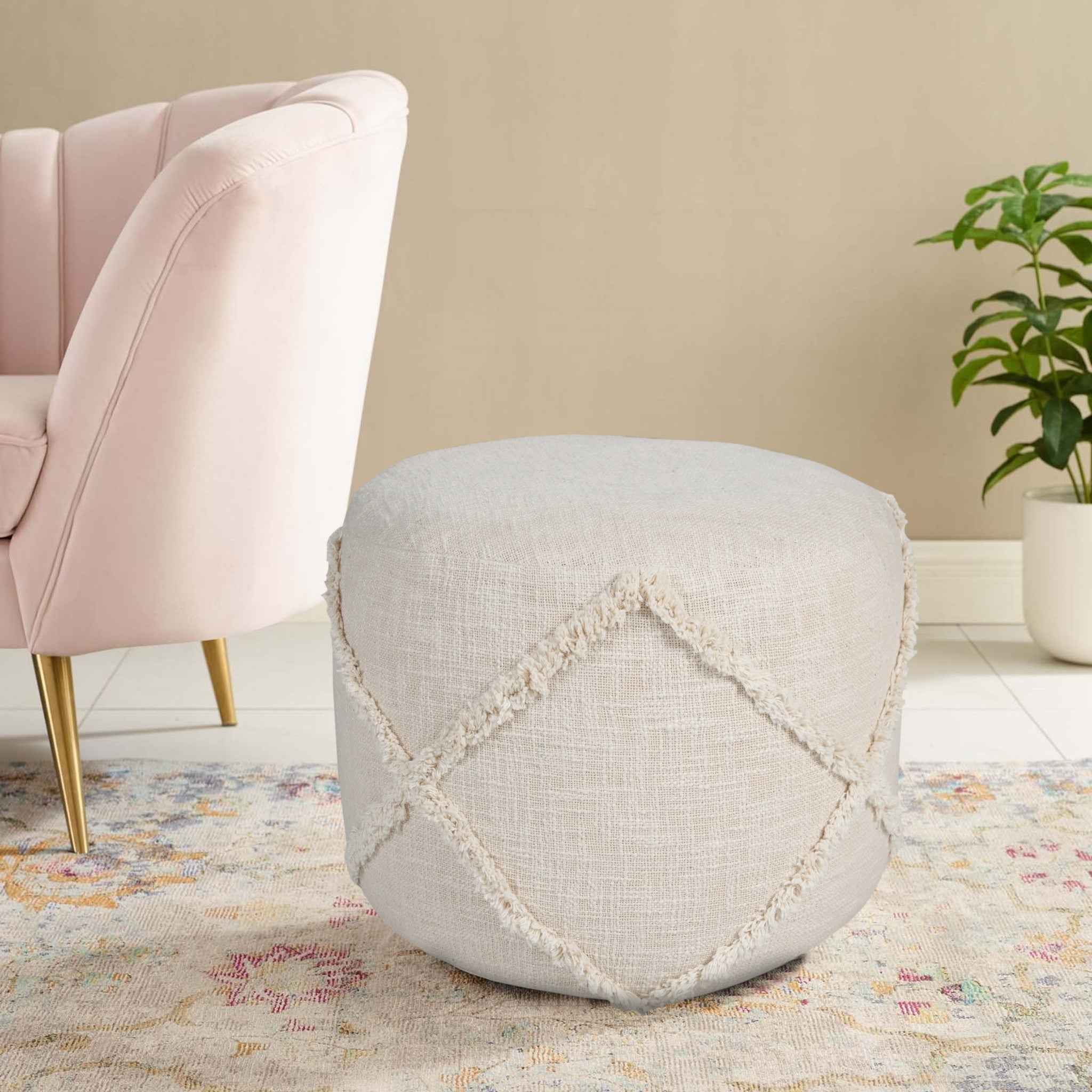 18" Cream Cotton Cylinder Geometric Pouf Ottoman