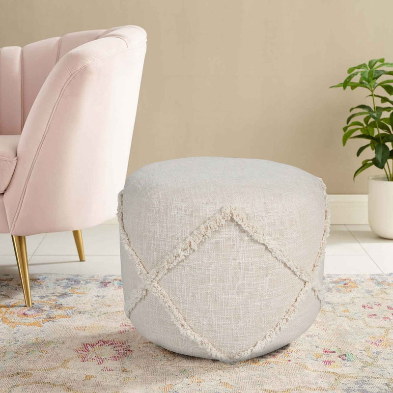 18" Cream Cotton Cylinder Geometric Pouf Ottoman