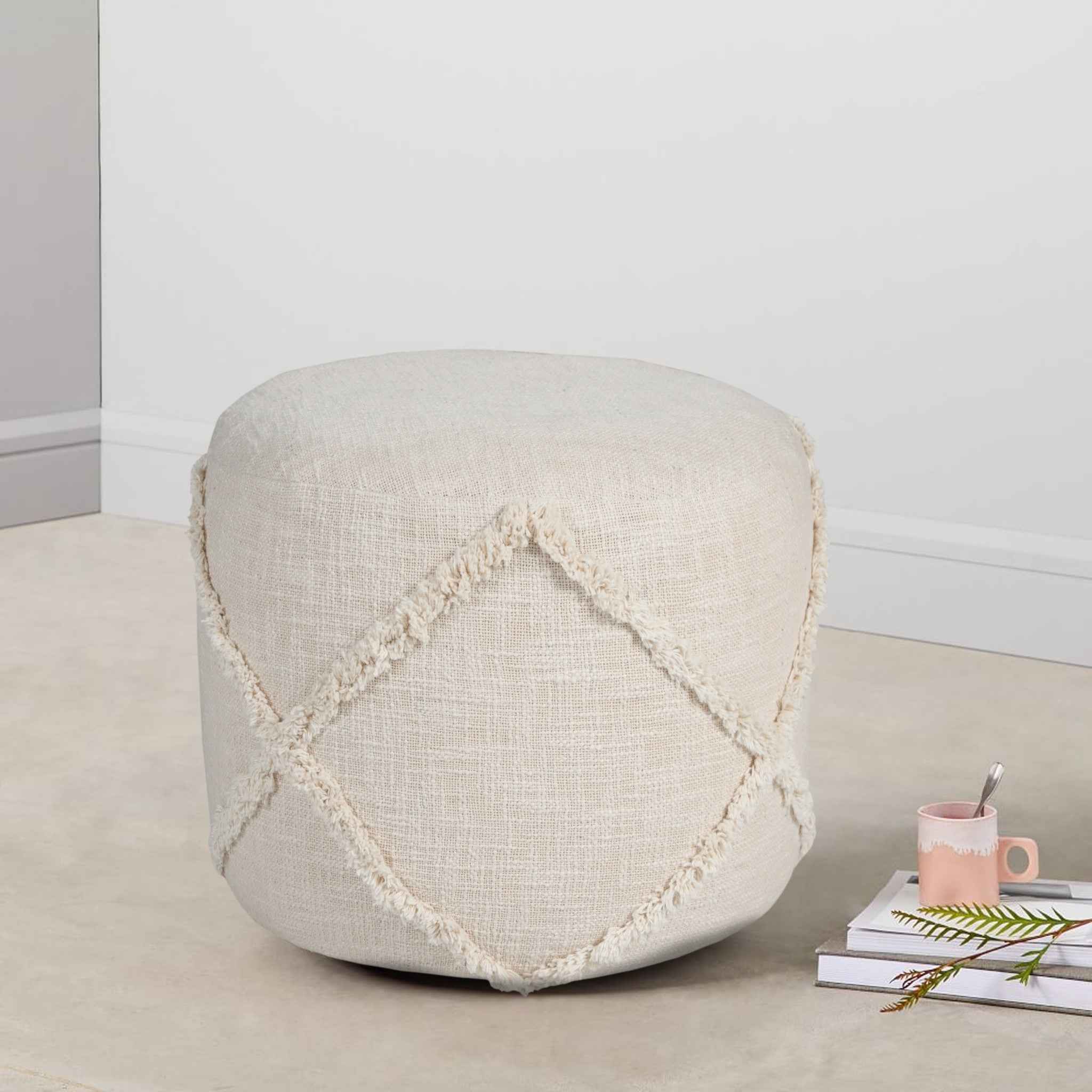 18" Cream Cotton Cylinder Geometric Pouf Ottoman