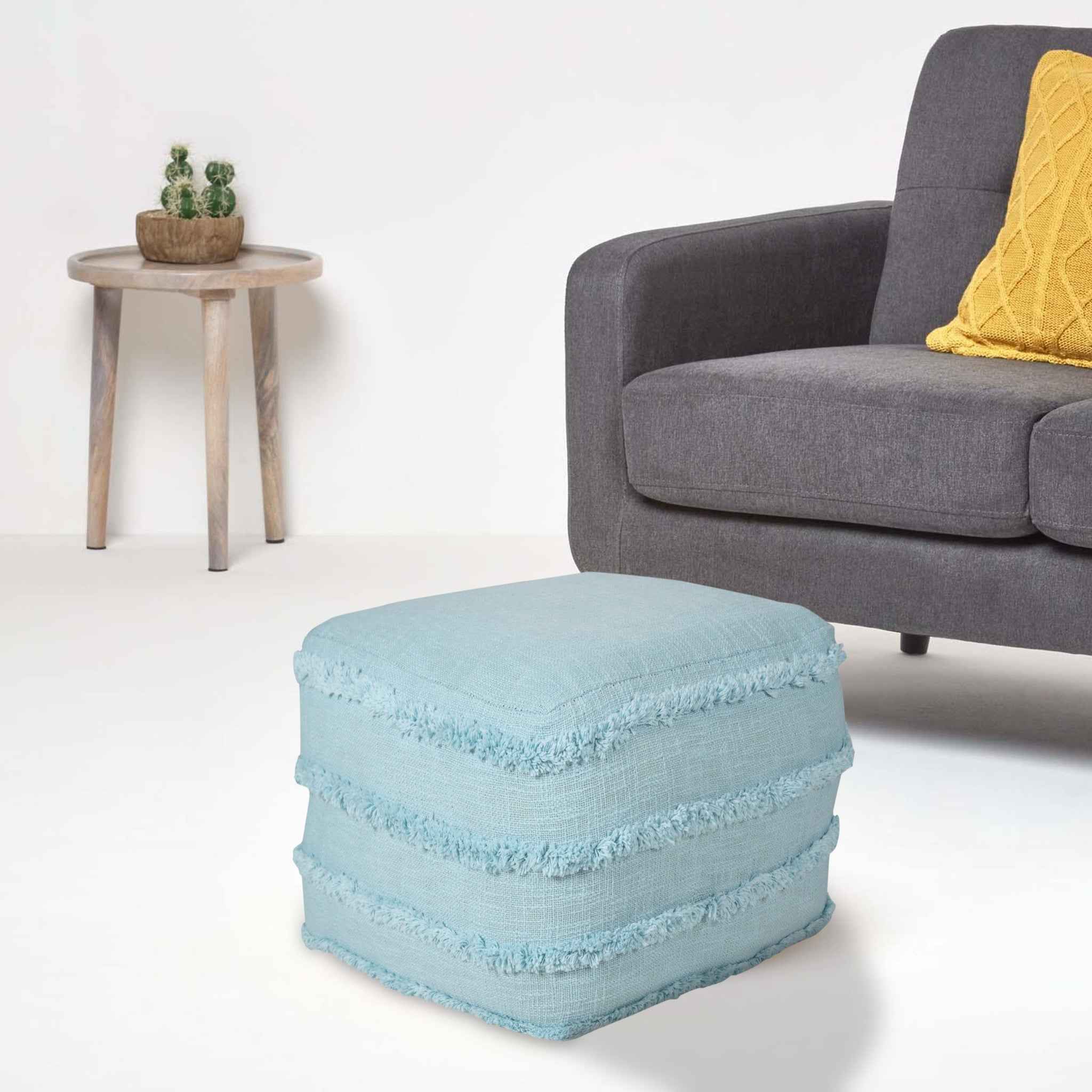18" Blue Cotton Striped Pouf Ottoman