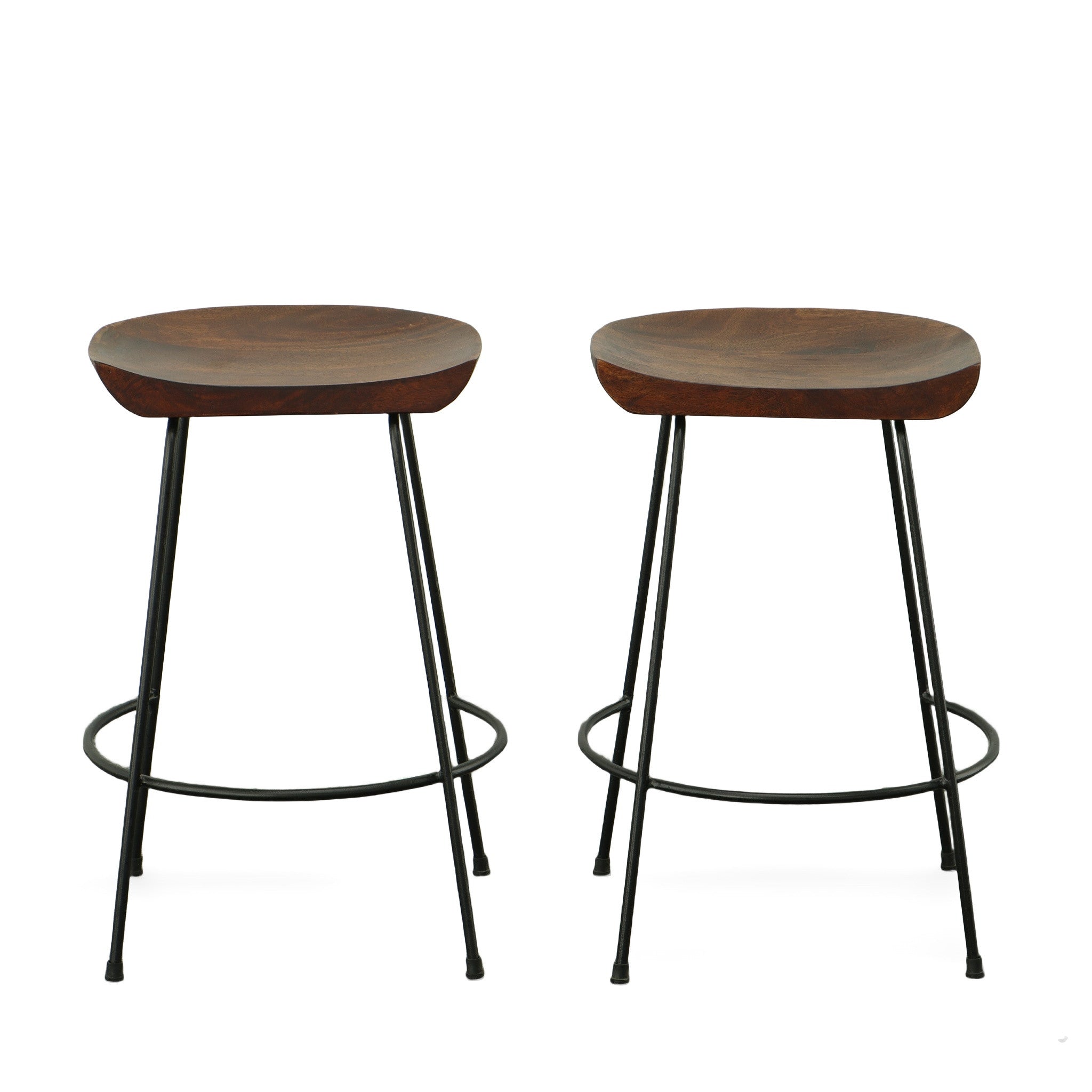 Set of Two 25" Chestnut And Black Solid Wood And Steel Backless Counter Height Bar Chairs - Living Room