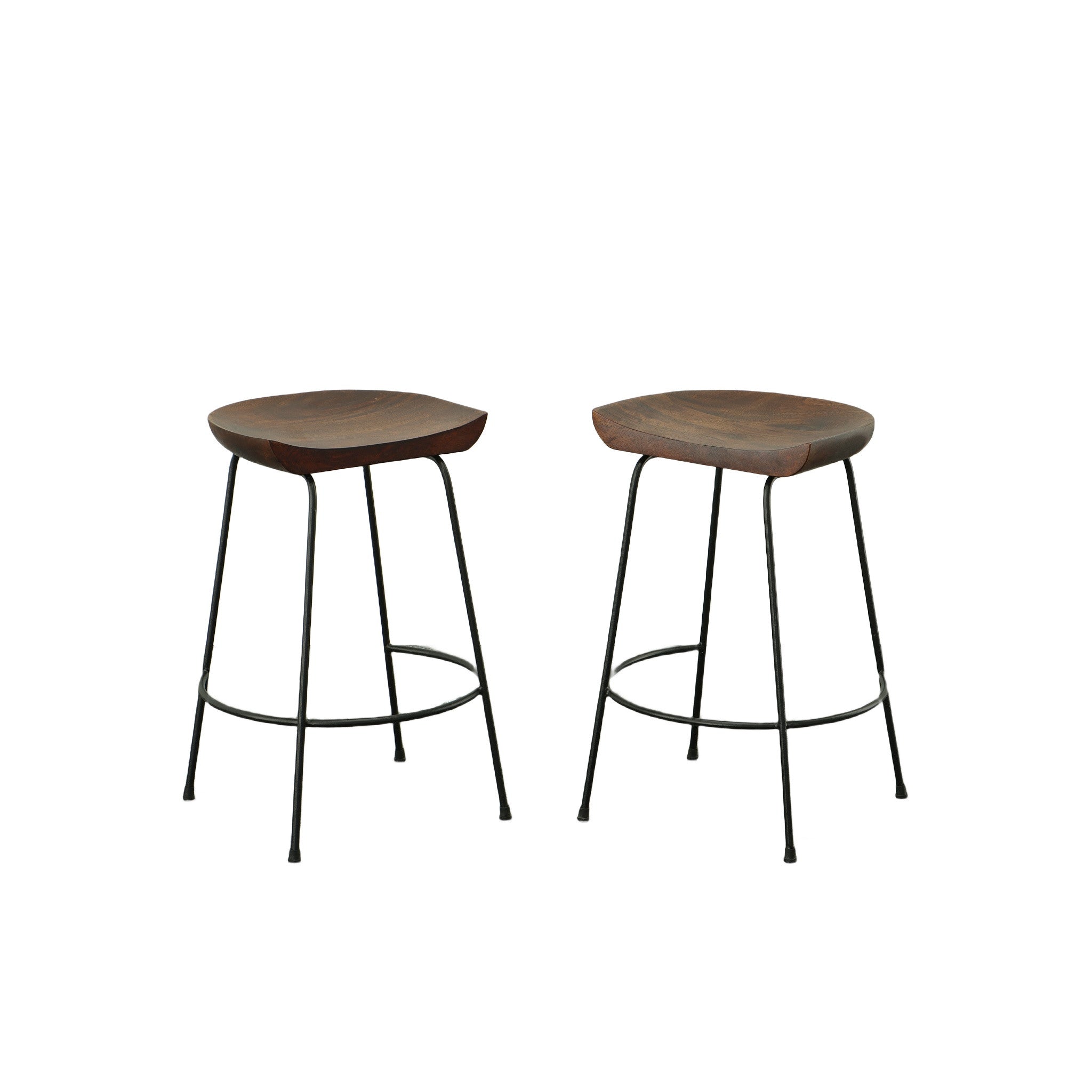 Set of Two 25" Chestnut And Black Solid Wood And Steel Backless Counter Height Bar Chairs - Living Room
