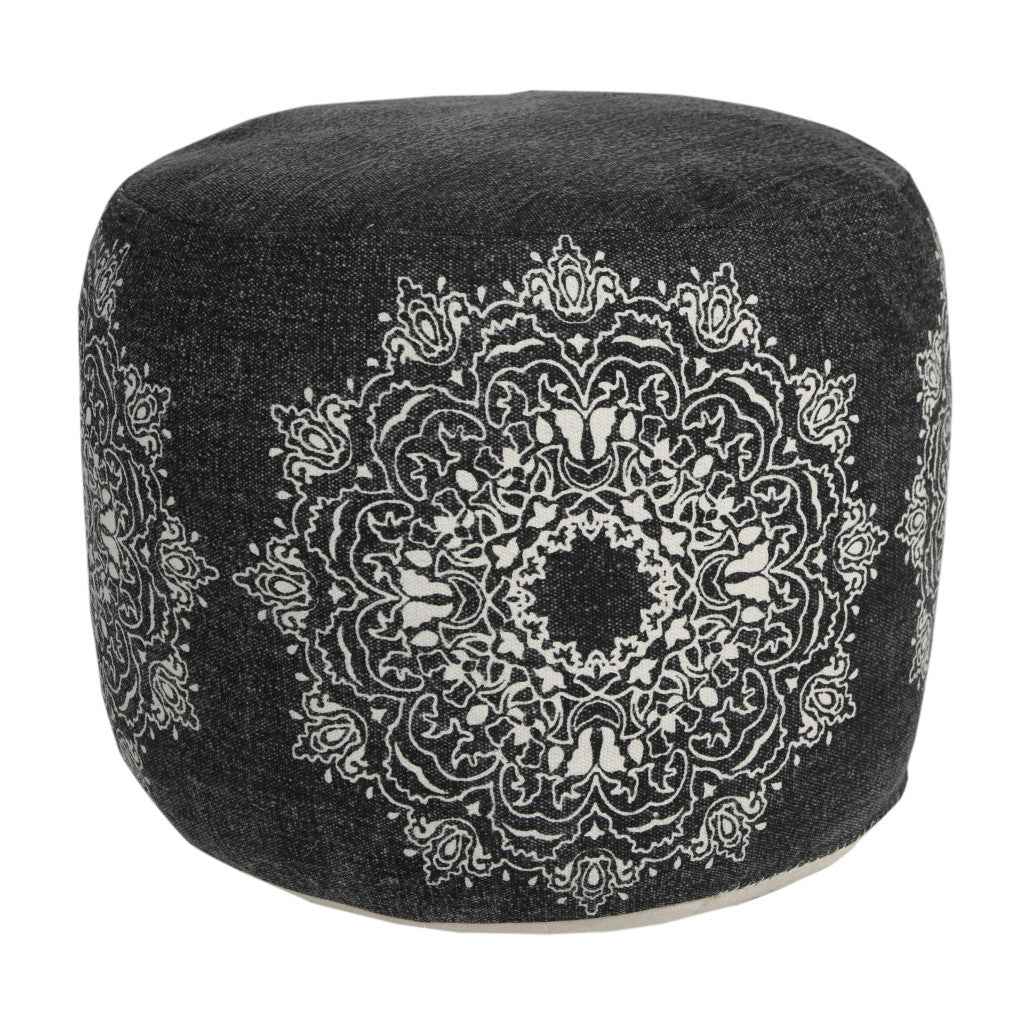 18" Black Cotton Cylinder Medallion Pouf Ottoman
