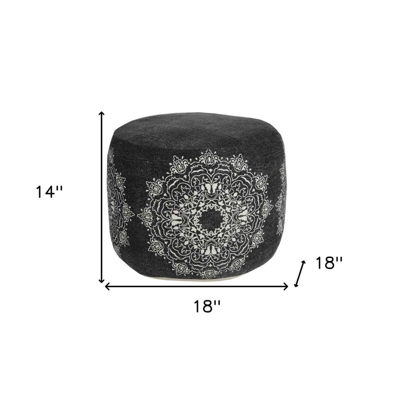 18" Black Cotton Cylinder Medallion Pouf Ottoman