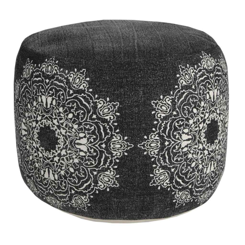 18" Black Cotton Cylinder Medallion Pouf Ottoman