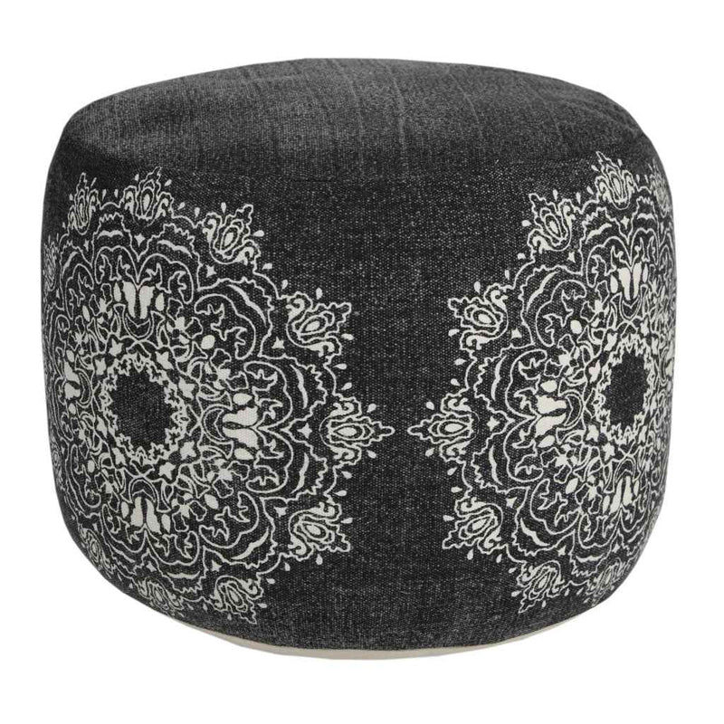 18" Black Cotton Cylinder Medallion Pouf Ottoman