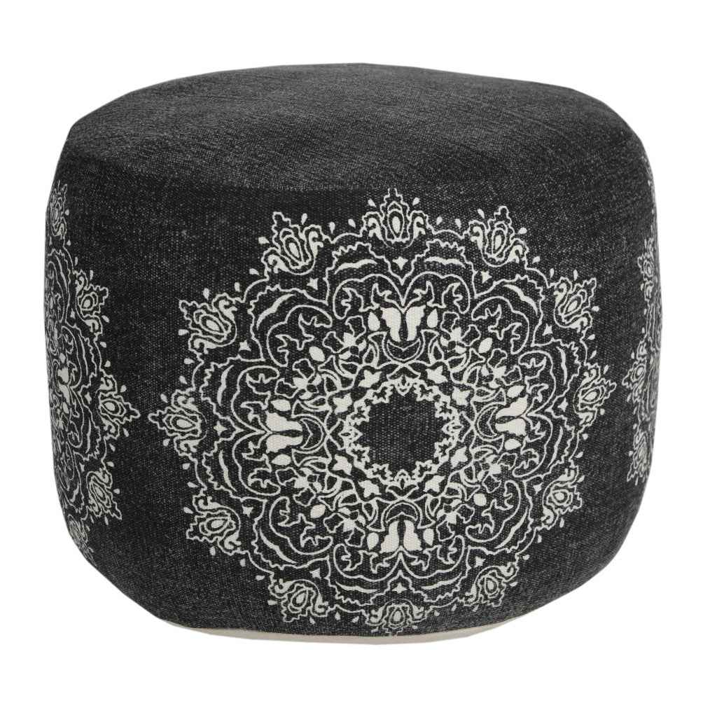 18" Black Cotton Cylinder Medallion Pouf Ottoman
