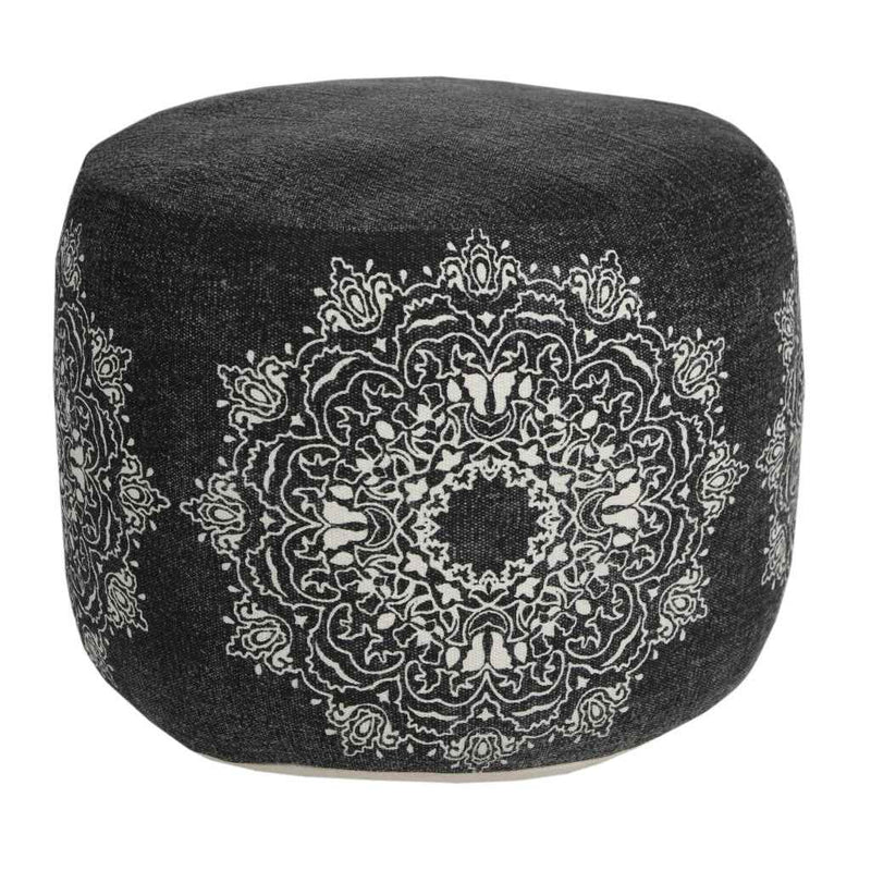 18" Black Cotton Cylinder Medallion Pouf Ottoman