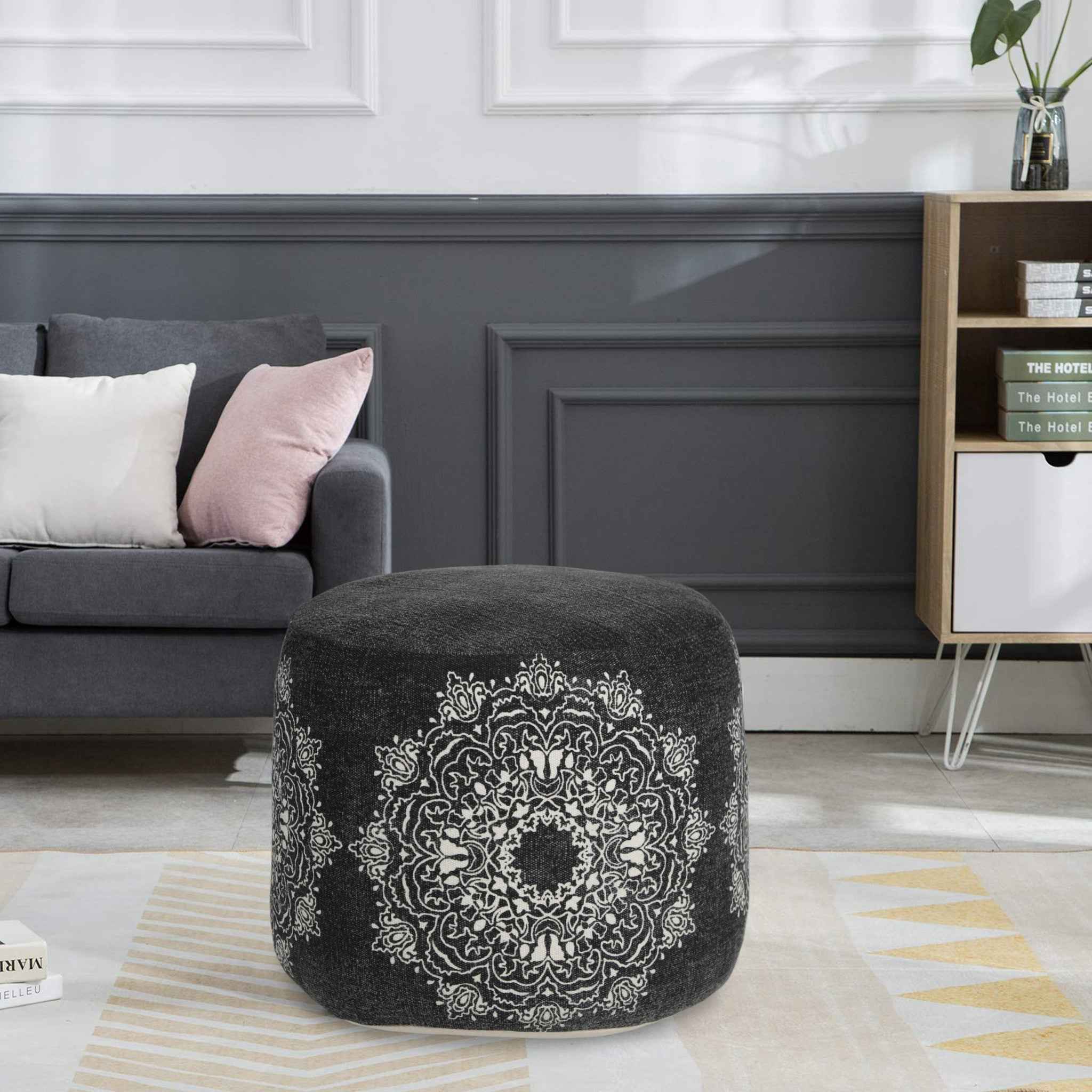 18" Black Cotton Cylinder Medallion Pouf Ottoman