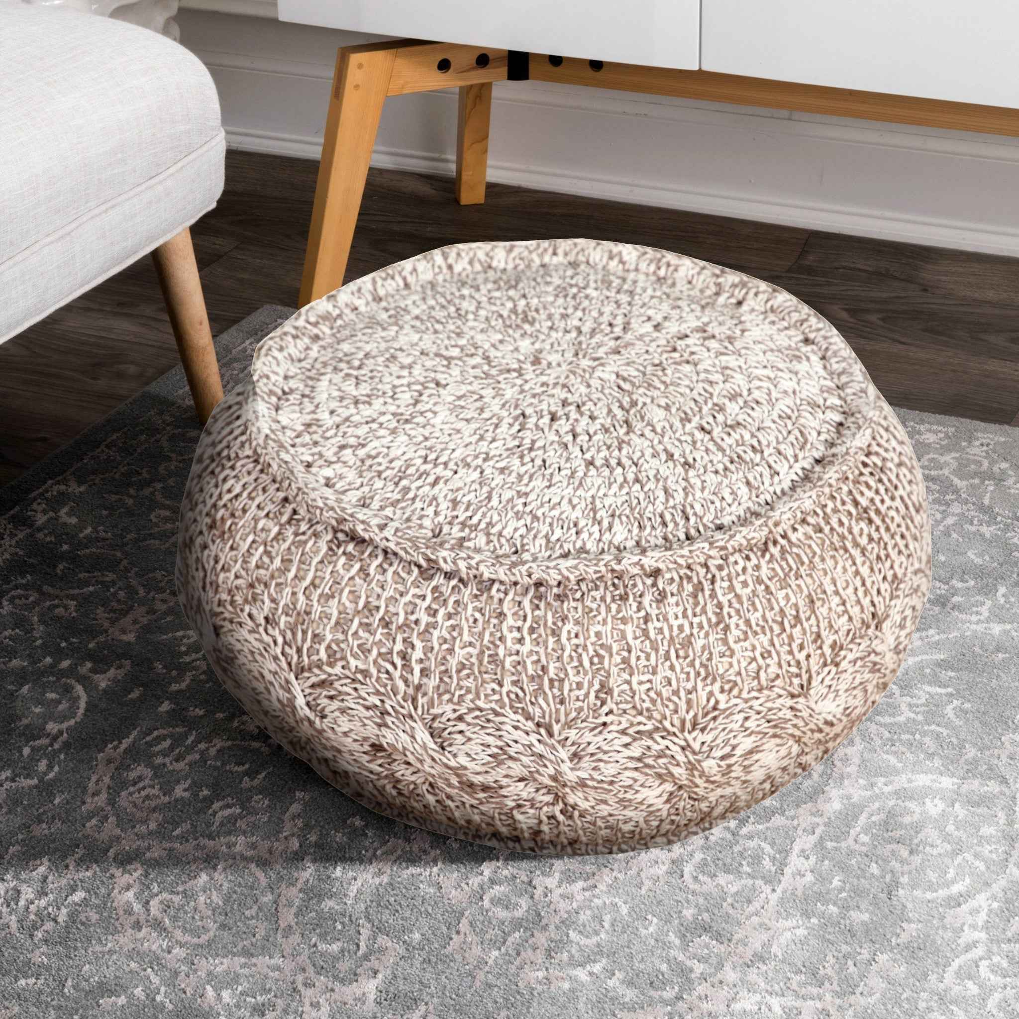 20" Beige Cotton Round Geometric Pouf Ottoman