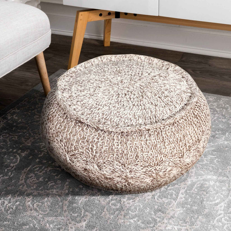 20" Beige Cotton Round Geometric Pouf Ottoman