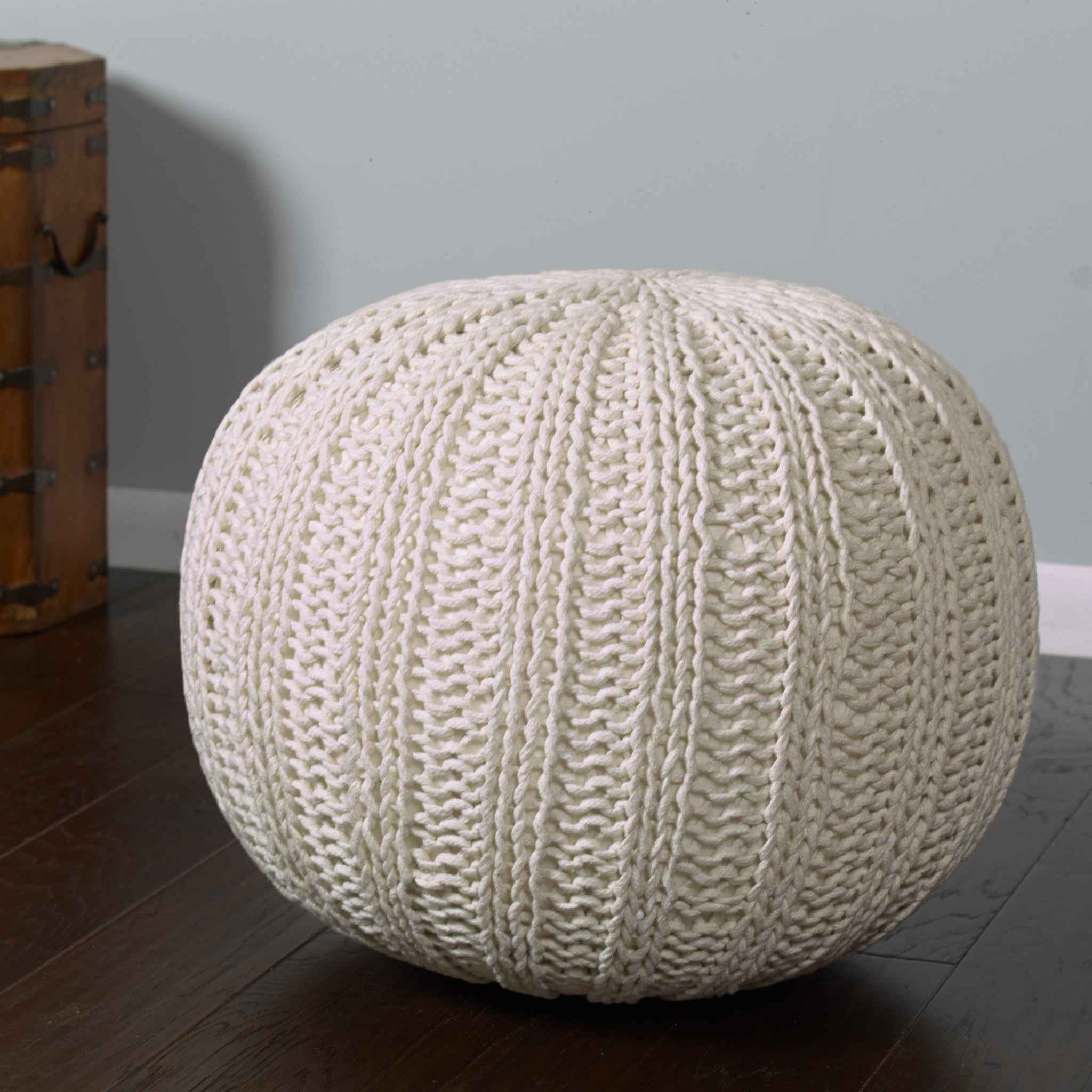 20" Beige Cotton Round Pouf Ottoman