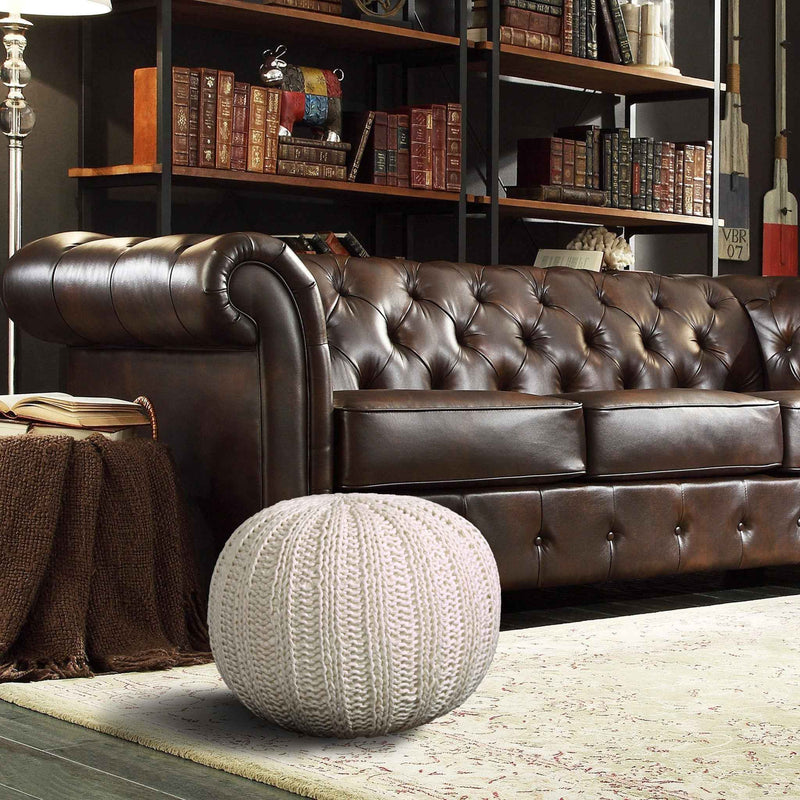 20" Beige Cotton Round Pouf Ottoman