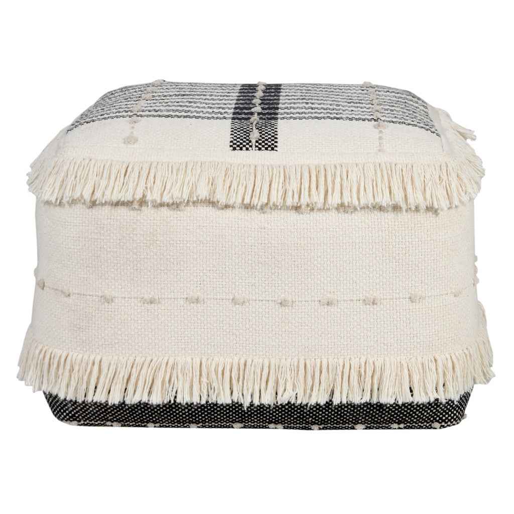 18" White Cotton Striped Pouf Ottoman