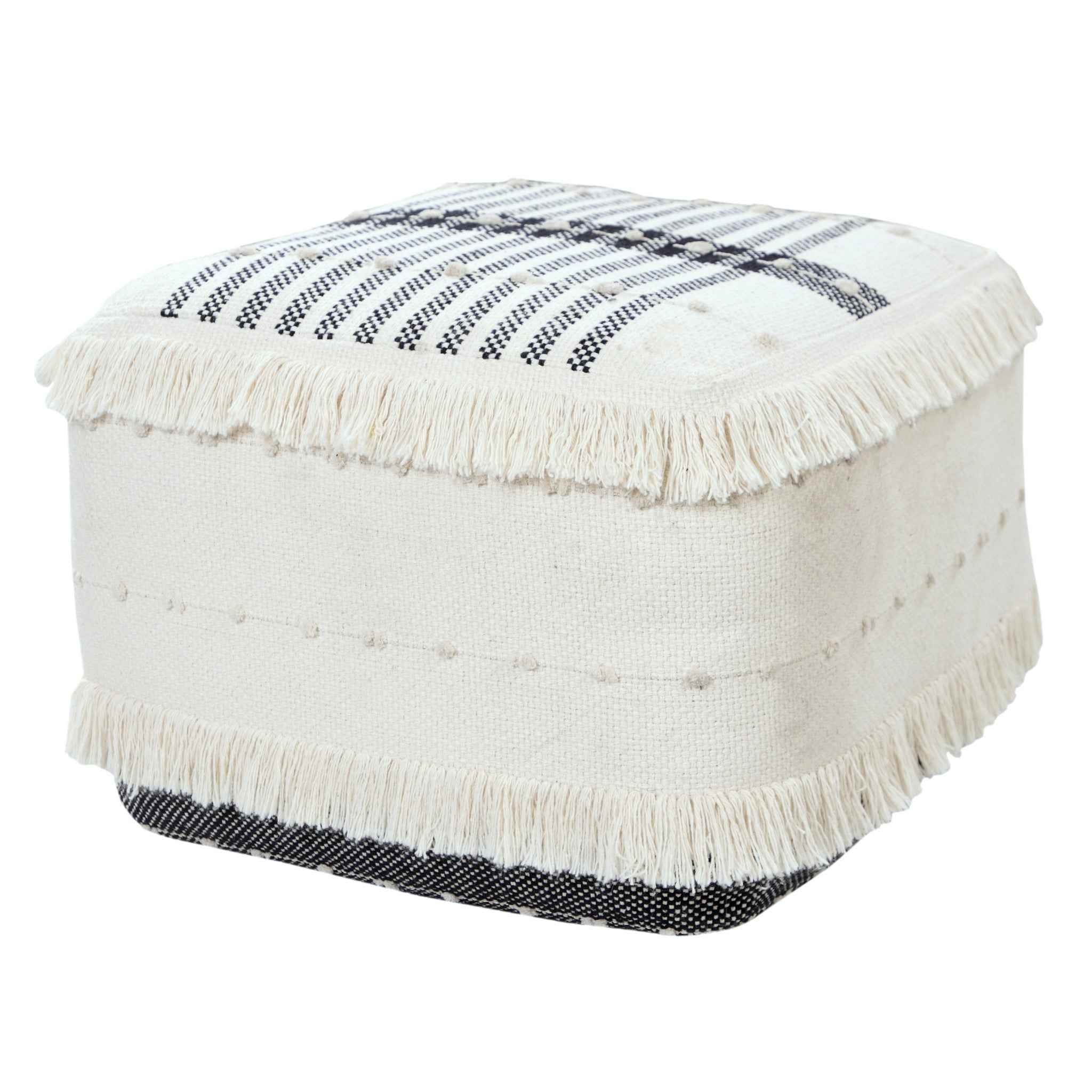 18" White Cotton Striped Pouf Ottoman