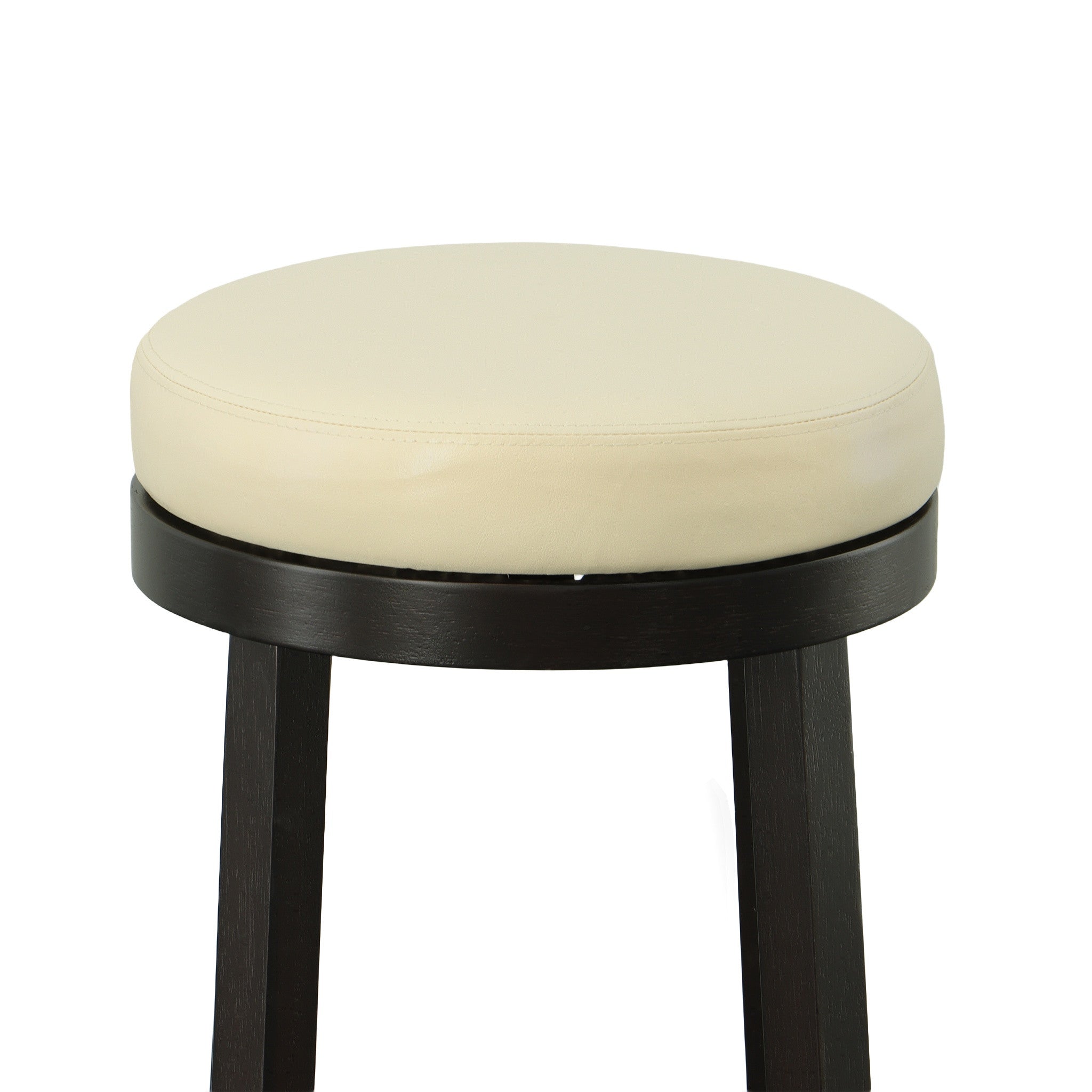 Set of Two 30" Cream and Espresso Faux Leather and Solid Wood Backless Bar Height Swivel Bar Chairs