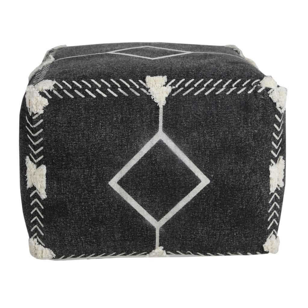 18" Black Cotton Geometric Pouf Ottoman