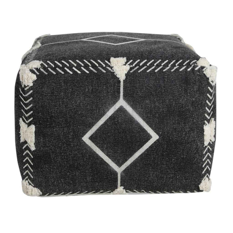 18" Black Cotton Geometric Pouf Ottoman
