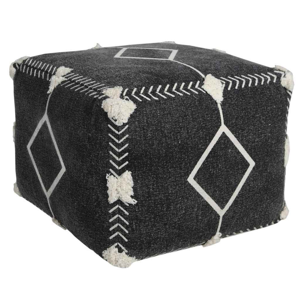 18" Black Cotton Geometric Pouf Ottoman