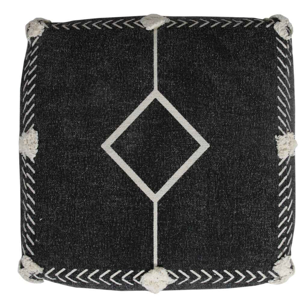 18" Black Cotton Geometric Pouf Ottoman