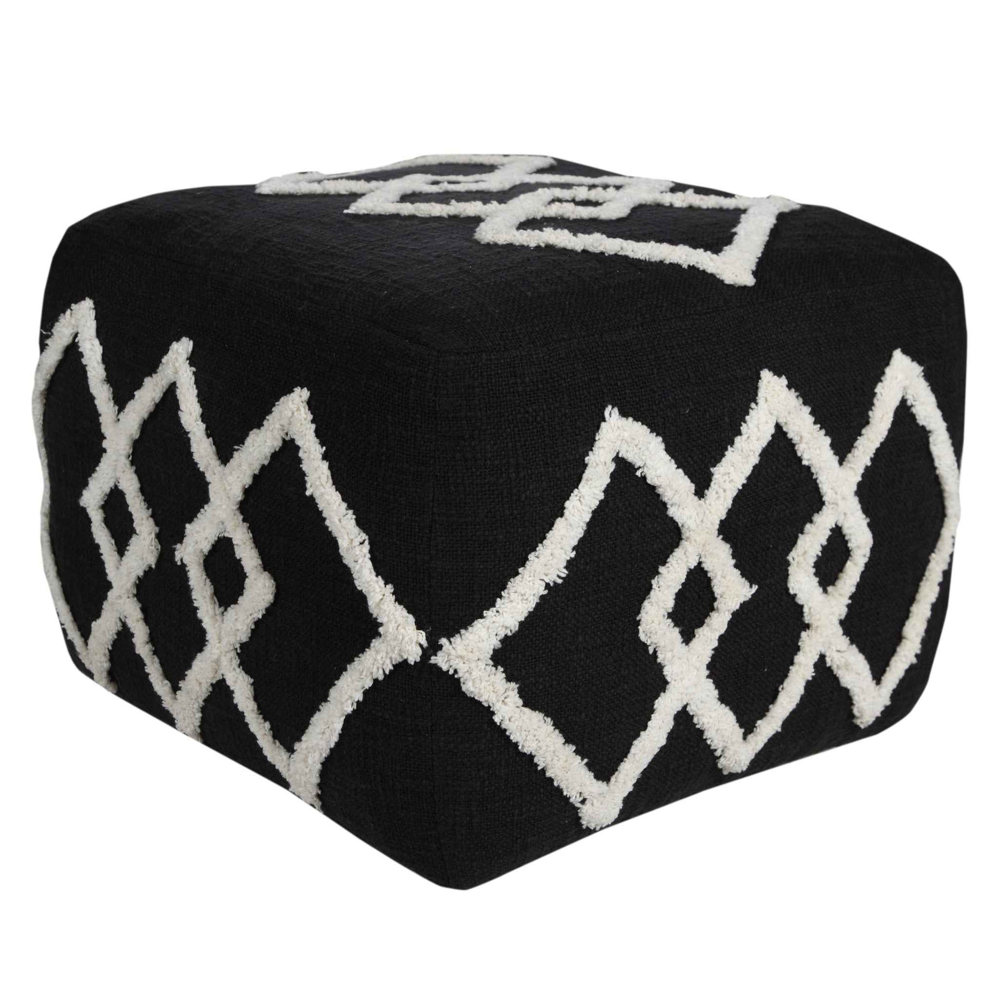 18" Black Cotton Geometric Pouf Ottoman