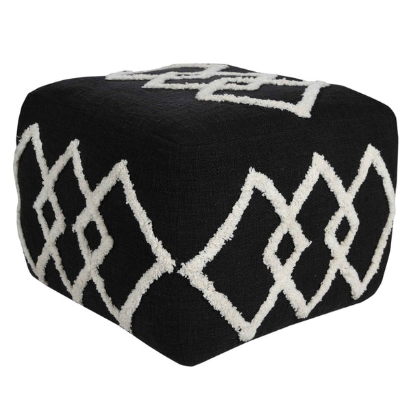 18" Black Cotton Geometric Pouf Ottoman