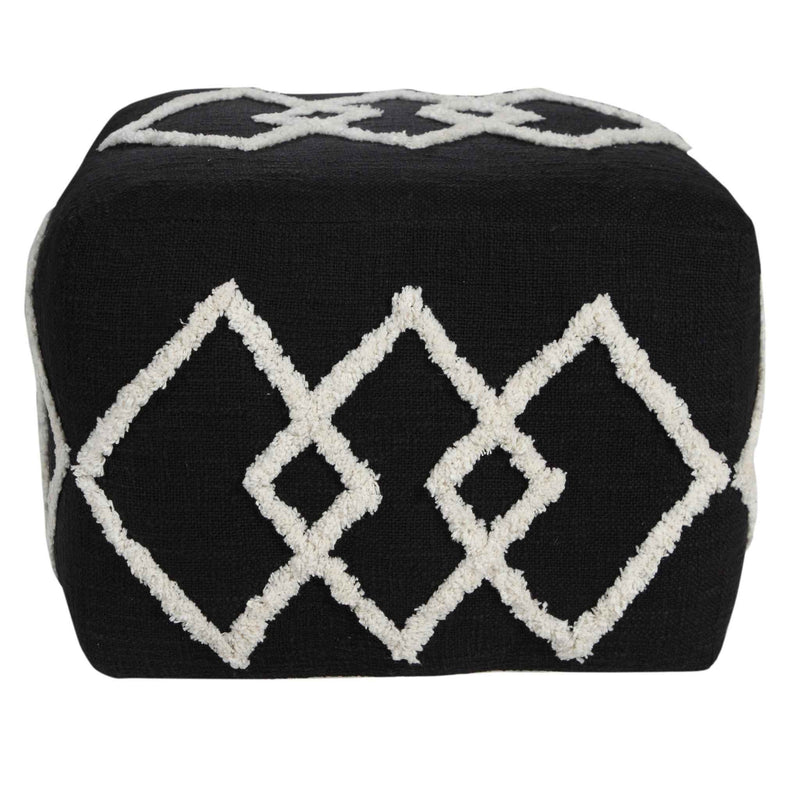 18" Black Cotton Geometric Pouf Ottoman
