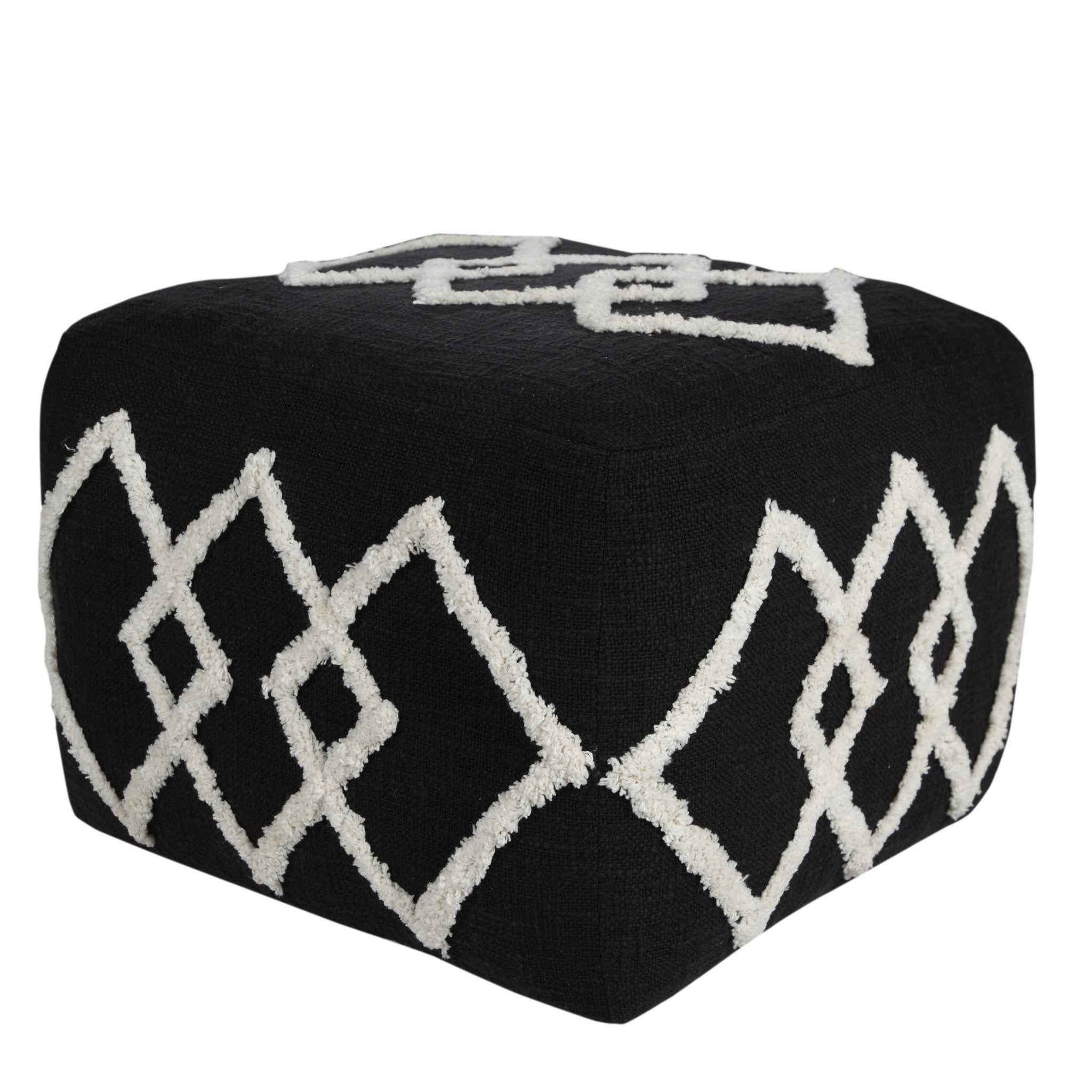 18" Black Cotton Geometric Pouf Ottoman