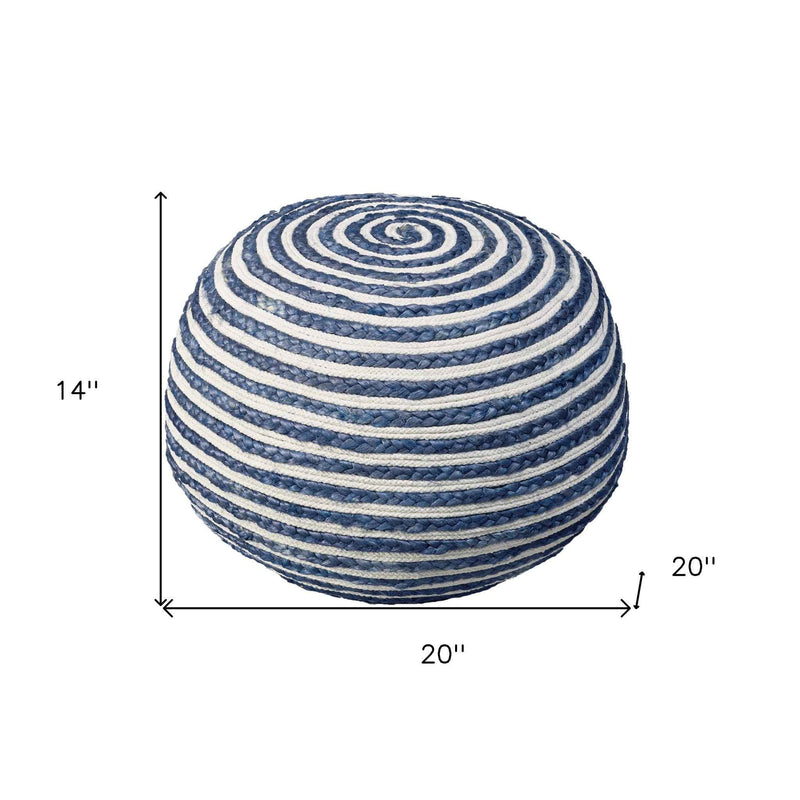 20" Blue Cotton Blend Round Striped Pouf Ottoman