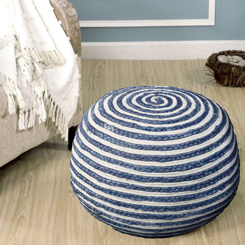 20" Blue Cotton Blend Round Striped Pouf Ottoman