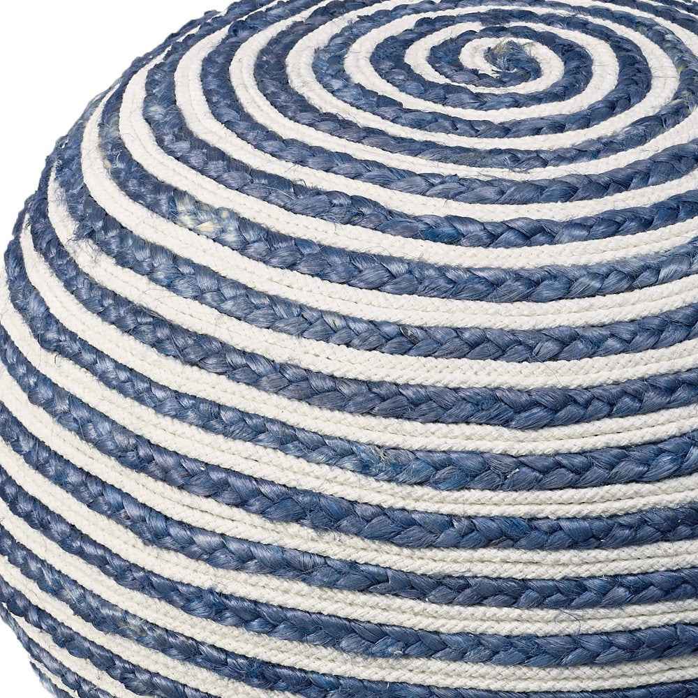 20" Blue Cotton Blend Round Striped Pouf Ottoman