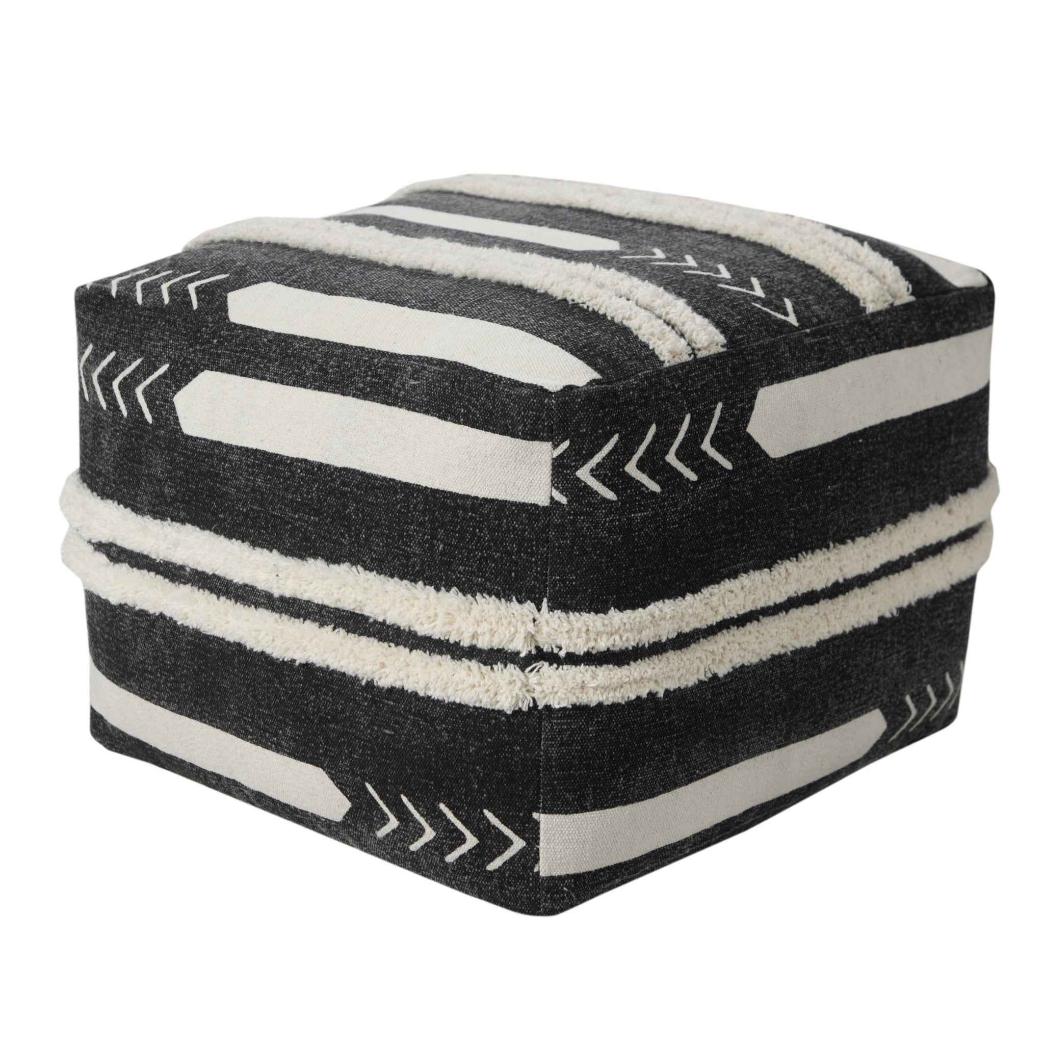 18" Black Cotton Geometric Pouf Ottoman